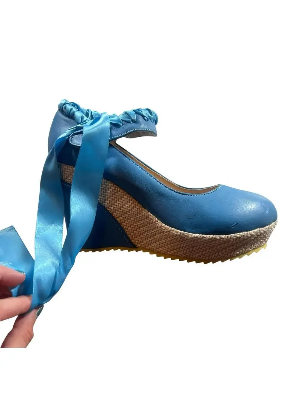 Lolita Blue Ribbon Lace Up Wedge Heels